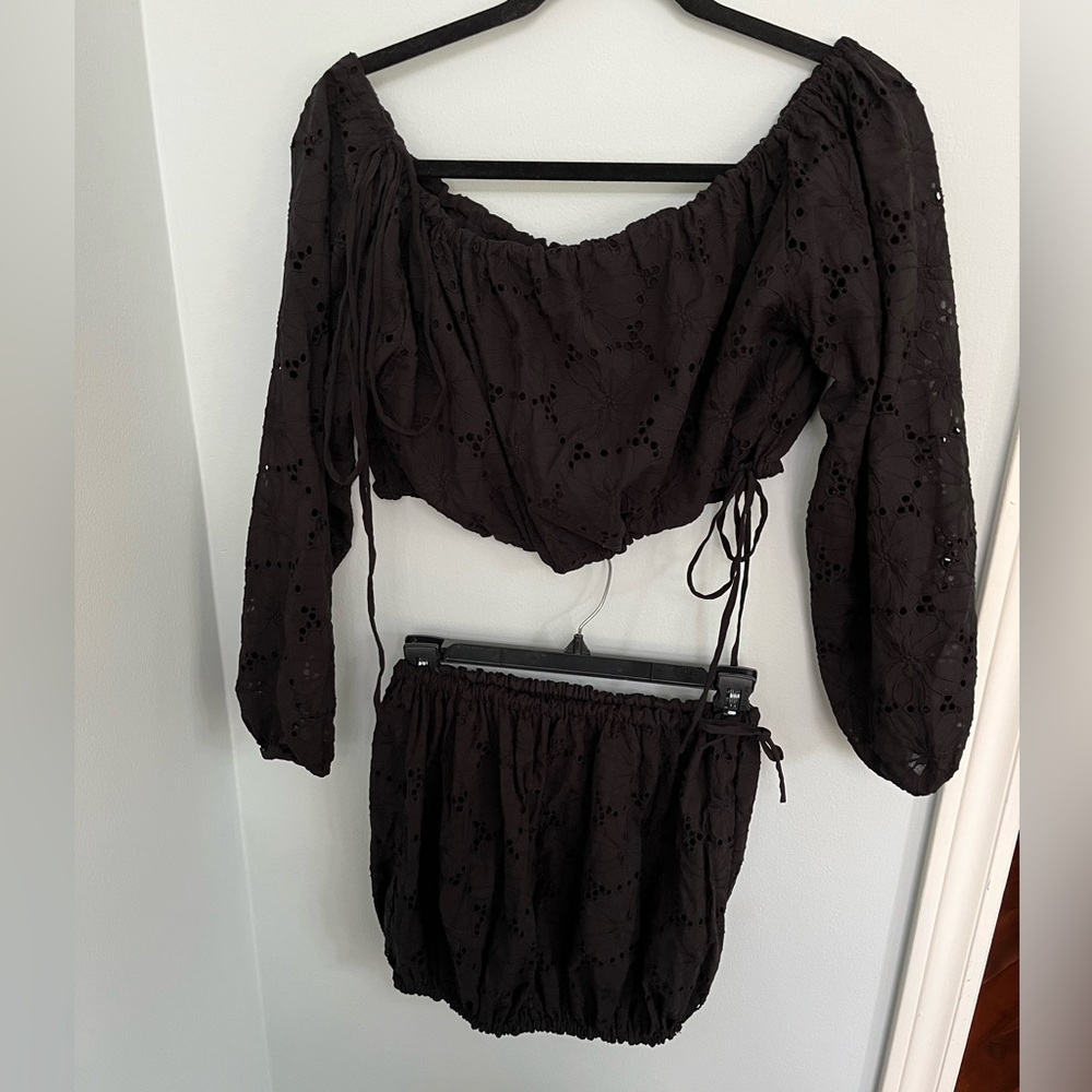 Women's Black Eyelet Two-Piece Skirt Set